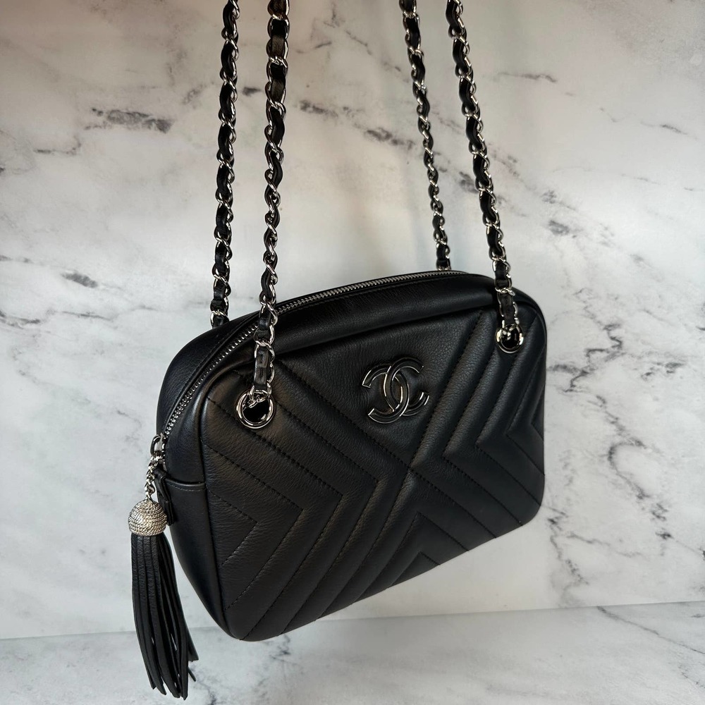 Chanel Chevron Camera Case Bag CC Black Diagonal Shoulder Purse Handbag Silver - Picture 7 of 16